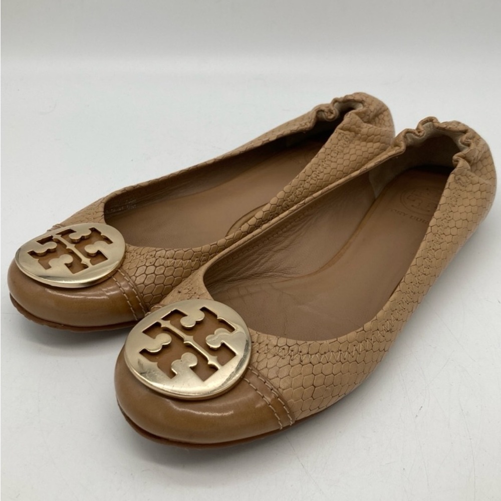 TORY BURCH NUDE TAN LEATHER SNAKESKIN REVA BALLET FLATS SIZE 7.5